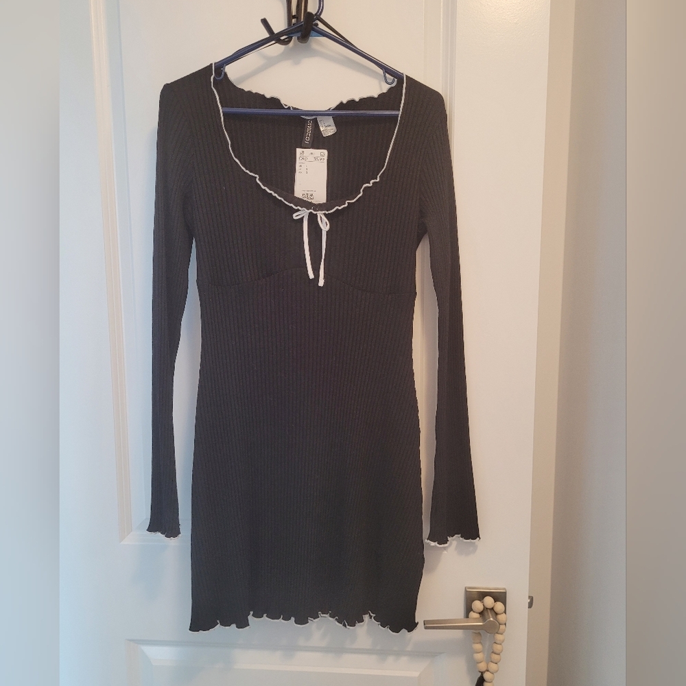 Black Ribbed Knit Dress with White Trim